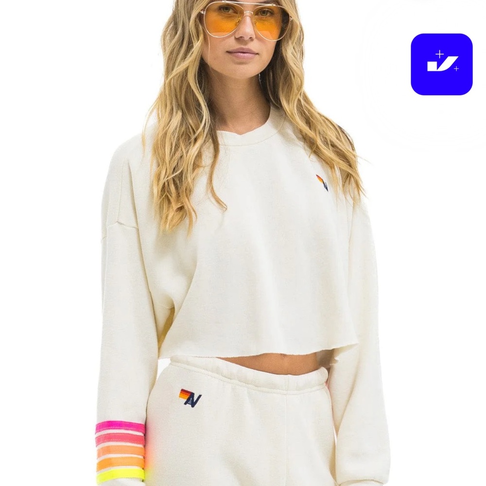 Aviator Nation Cream Cropped Sweatshirt with Neon Rainbow Sleeve Stripes